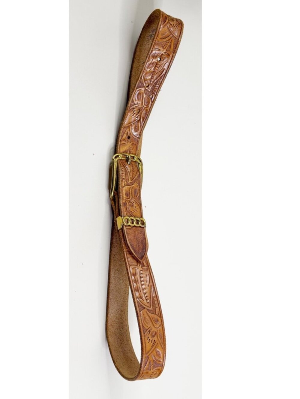 Vtg LIVE OAK Sz 44 Fits Small See Pics 1" Brown Leaf Tooled Leather Belt GUC